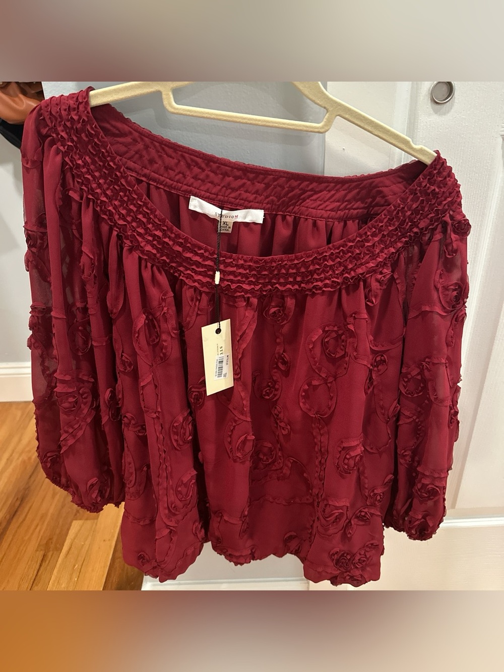 Studio M Burgundy Off-Shoulder Rosette Peasant Blouse